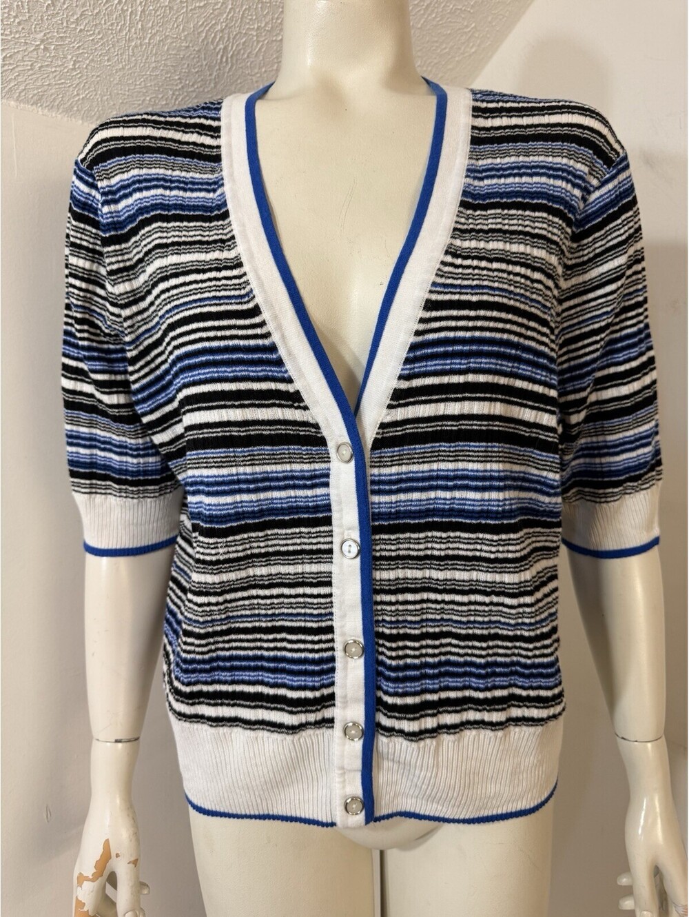 White House Black Market Womens XL Shortsleeved Cardigan Sweater Black Blue